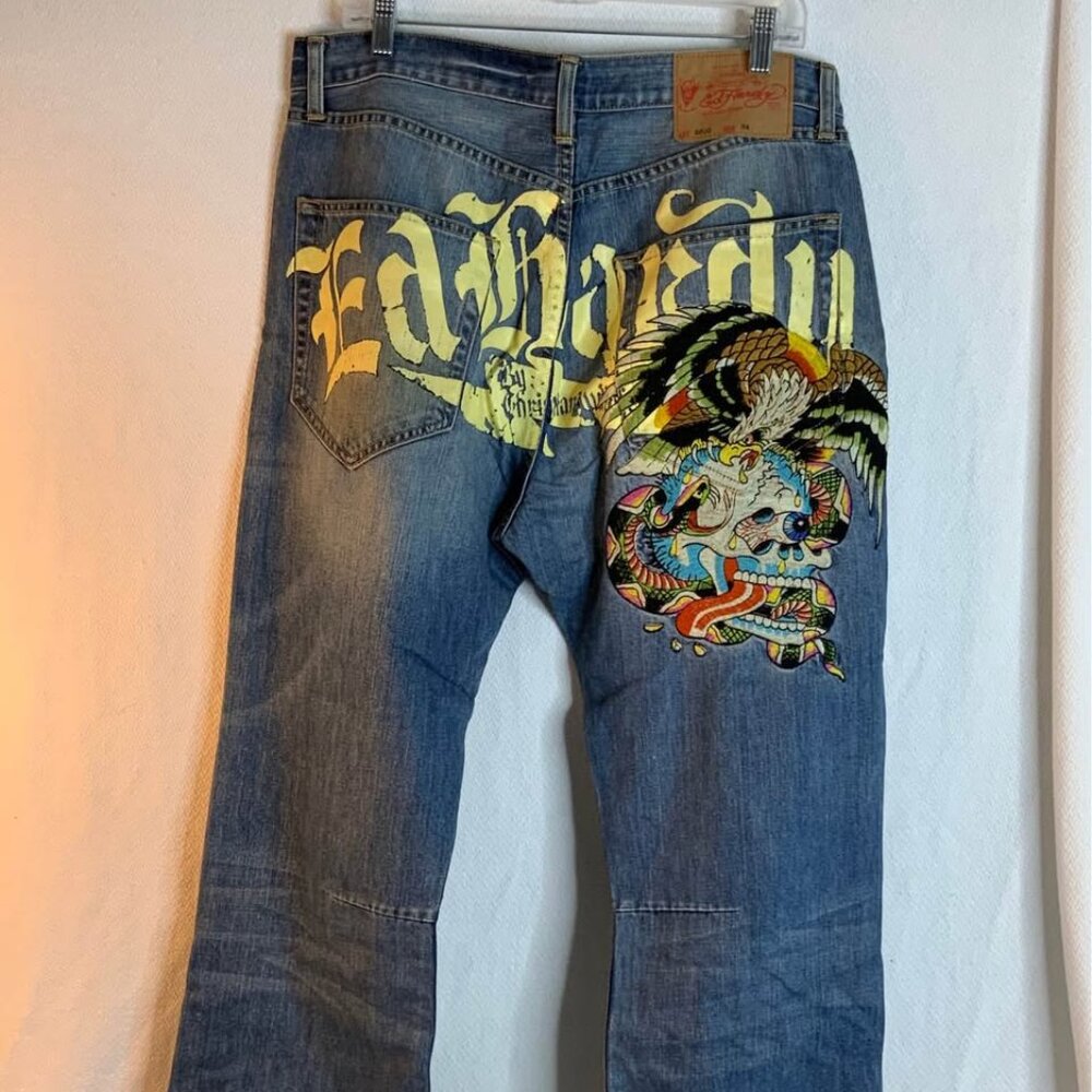 Vintage Ed Hardy Embroidered Men's Blue and Navy Jeans